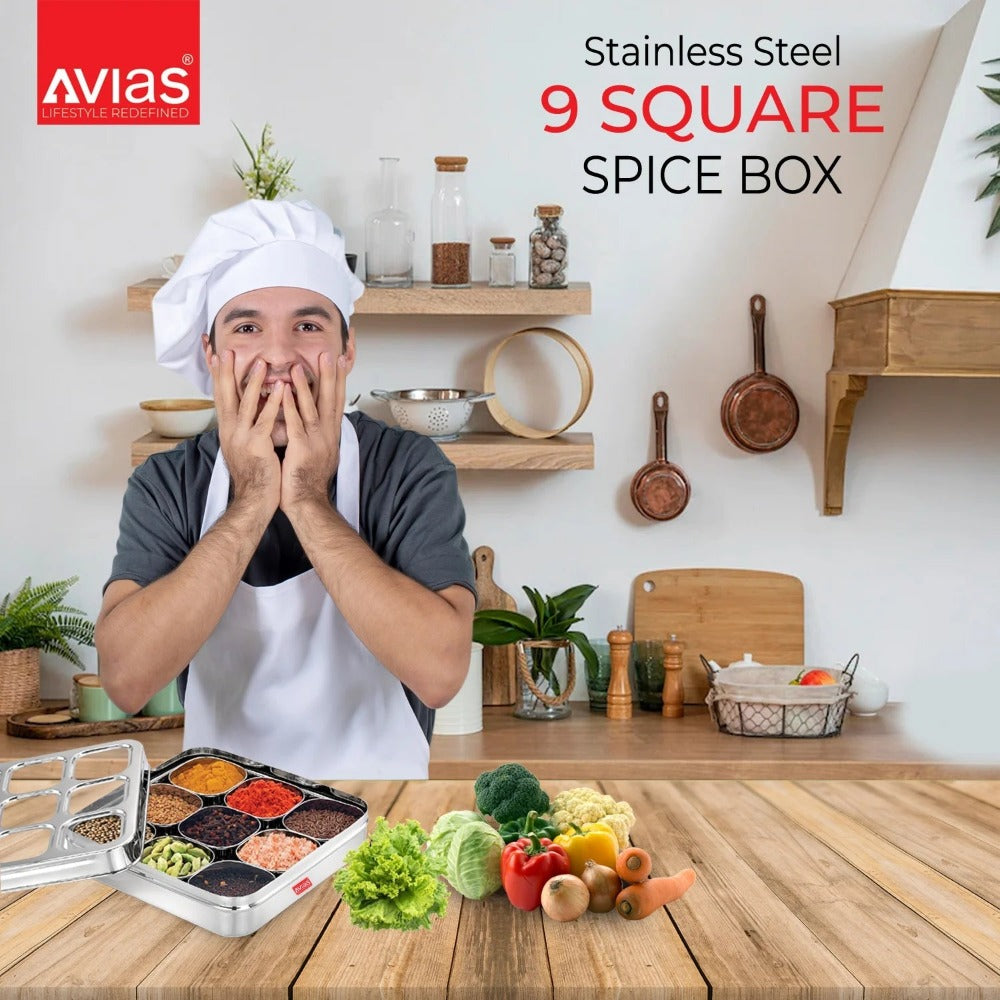 Avias Stainless Steel Spice Box with See-Through Lid | 9 Compartments and 1 Spoon | Silver