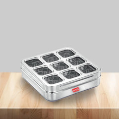Avias Stainless Steel Spice Box with See-Through Lid | 9 Compartments and 1 Spoon | Silver