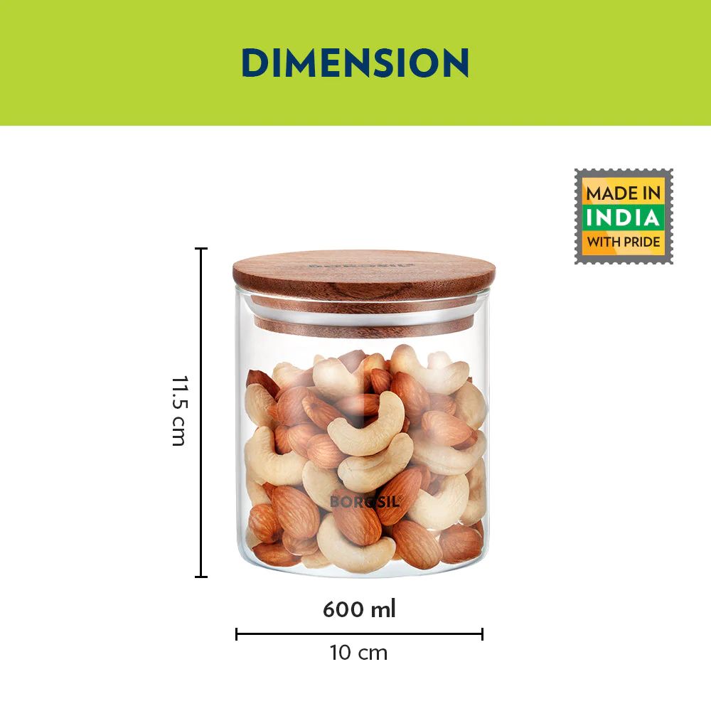 Borosil Classic Jar with Wooden Lid | Transparent | 1 Pc