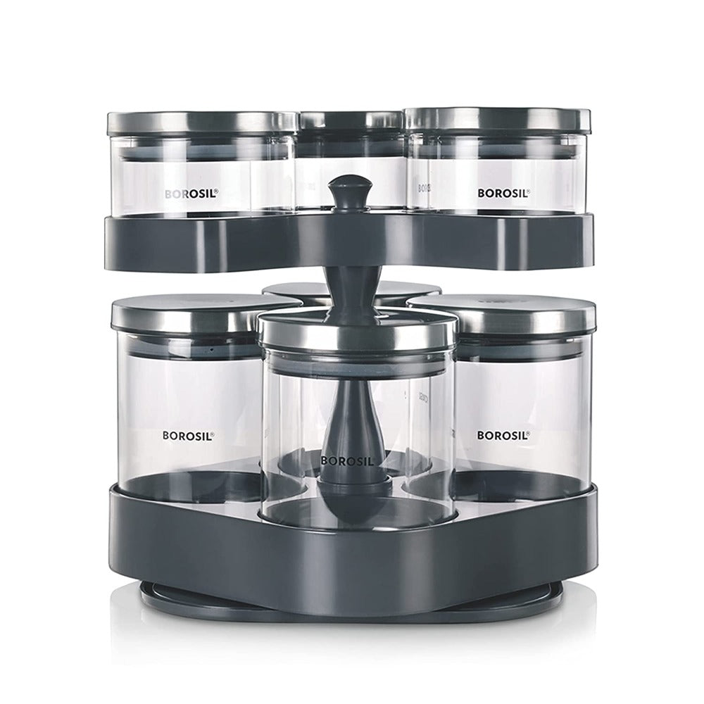 Borosil Spin N Store Tray With 7 Classic Glass Jar | Transparent | Set of 8 Pcs