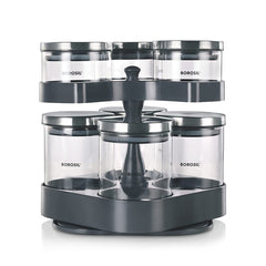 Borosil Spin N Store Tray With 7 Classic Glass Jar | Transparent | Set of 8 Pcs