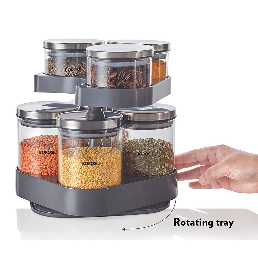 Borosil Spin N Store Tray With 7 Classic Glass Jar | Transparent | Set of 8 Pcs