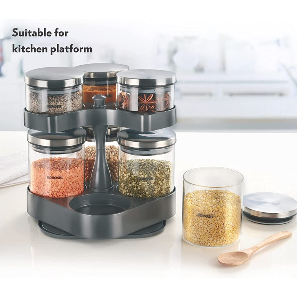 Borosil Spin N Store Tray With 7 Classic Glass Jar | Transparent | Set of 8 Pcs