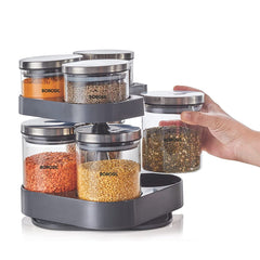 Borosil Spin N Store Tray With 7 Classic Glass Jar | Transparent | Set of 8 Pcs