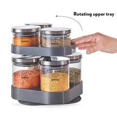 Borosil Spin N Store Tray With 7 Classic Glass Jar | Transparent | Set of 8 Pcs
