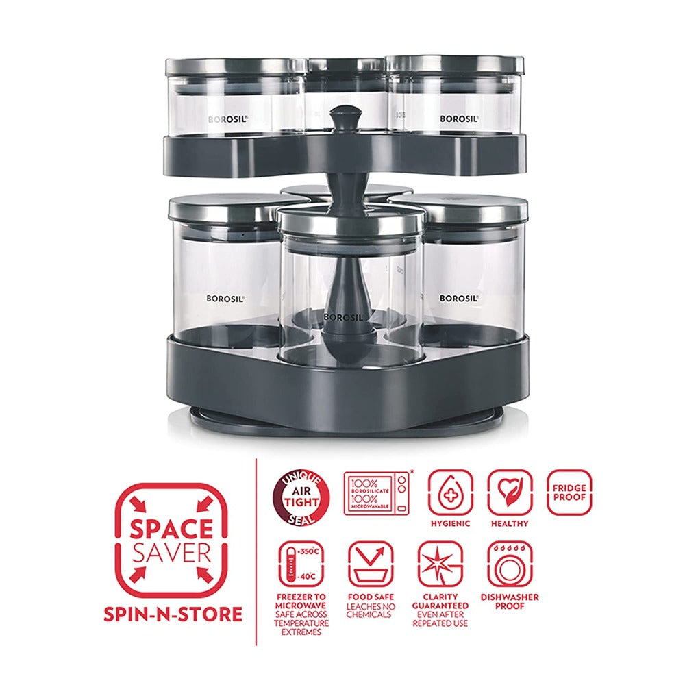 Borosil Spin N Store Tray With 7 Classic Glass Jar | Transparent | Set of 8 Pcs
