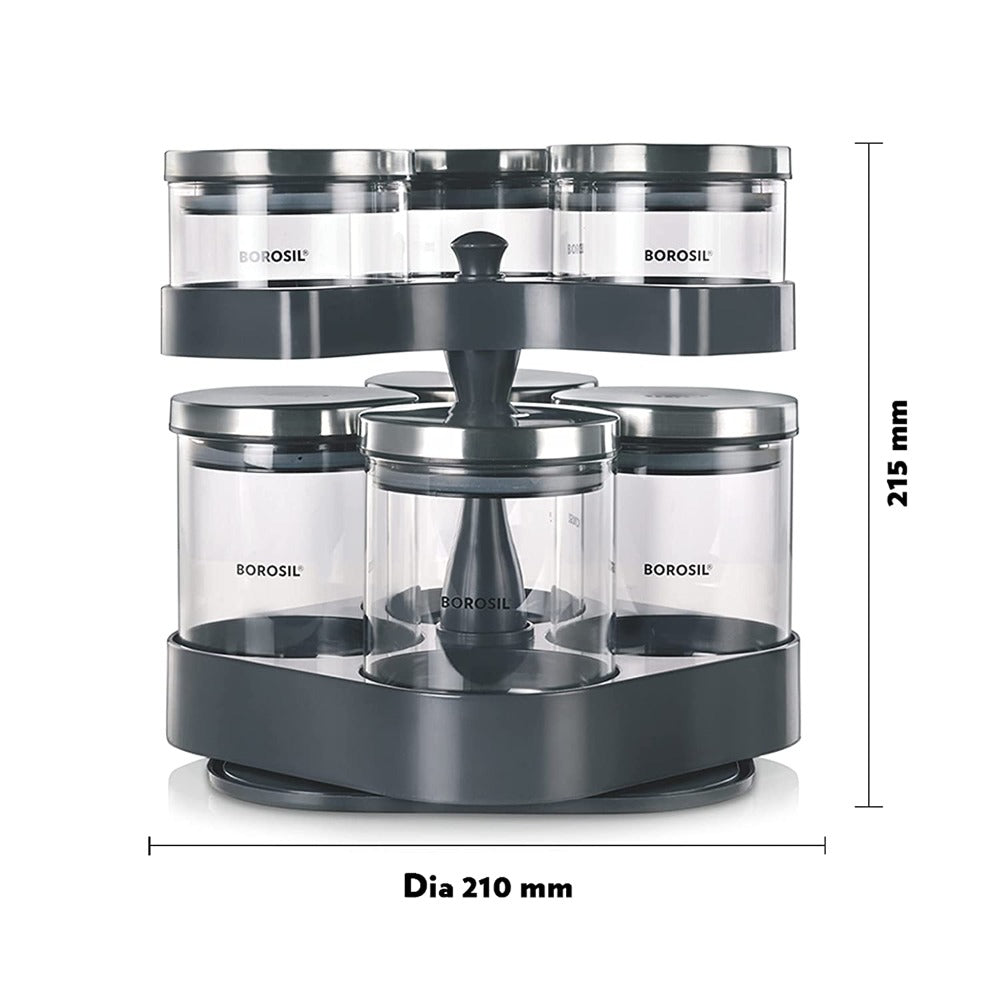 Borosil Spin N Store Tray With 7 Classic Glass Jar | Transparent | Set of 8 Pcs