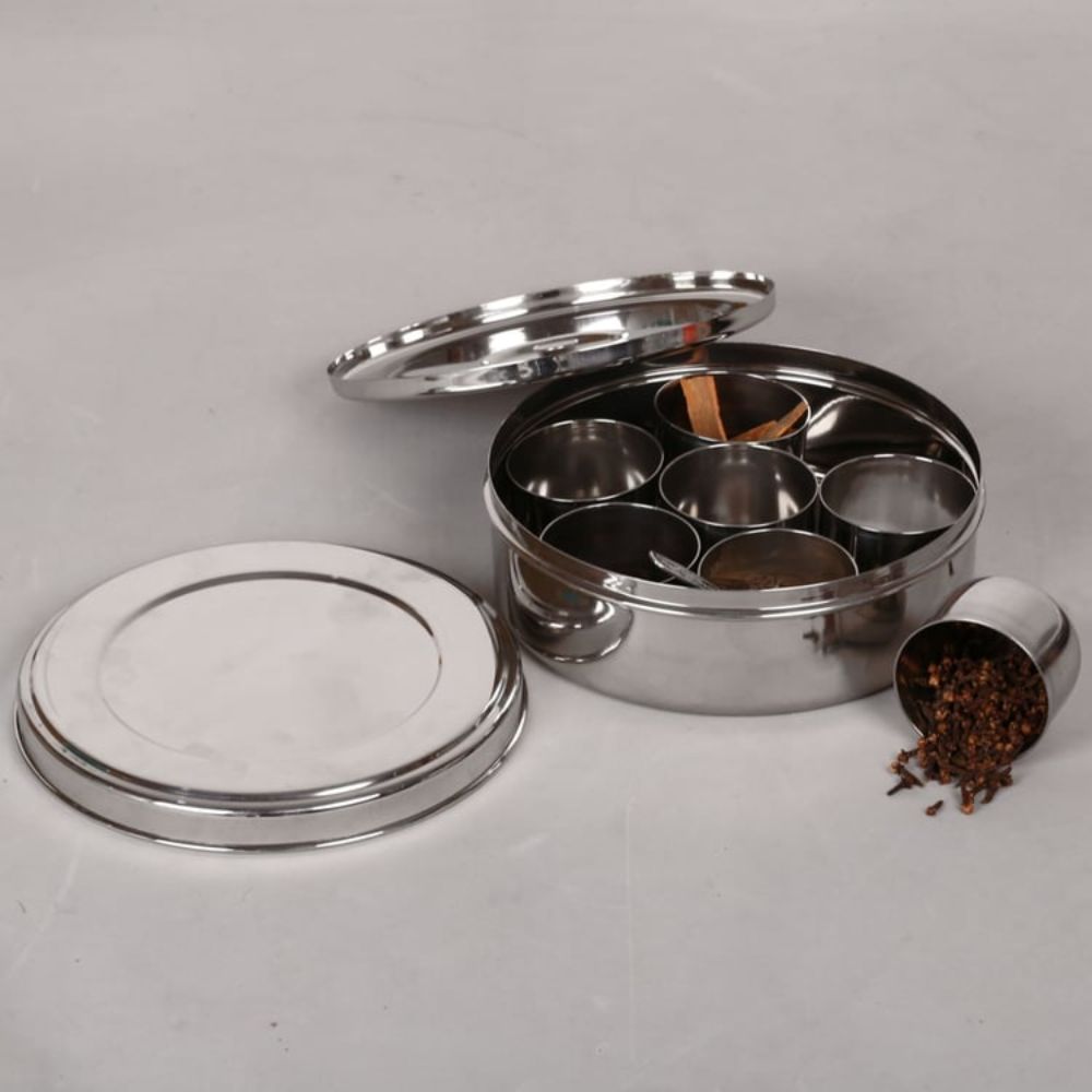 Bengani Stainless Steel Masala Dabba with Inner Plate | Silver