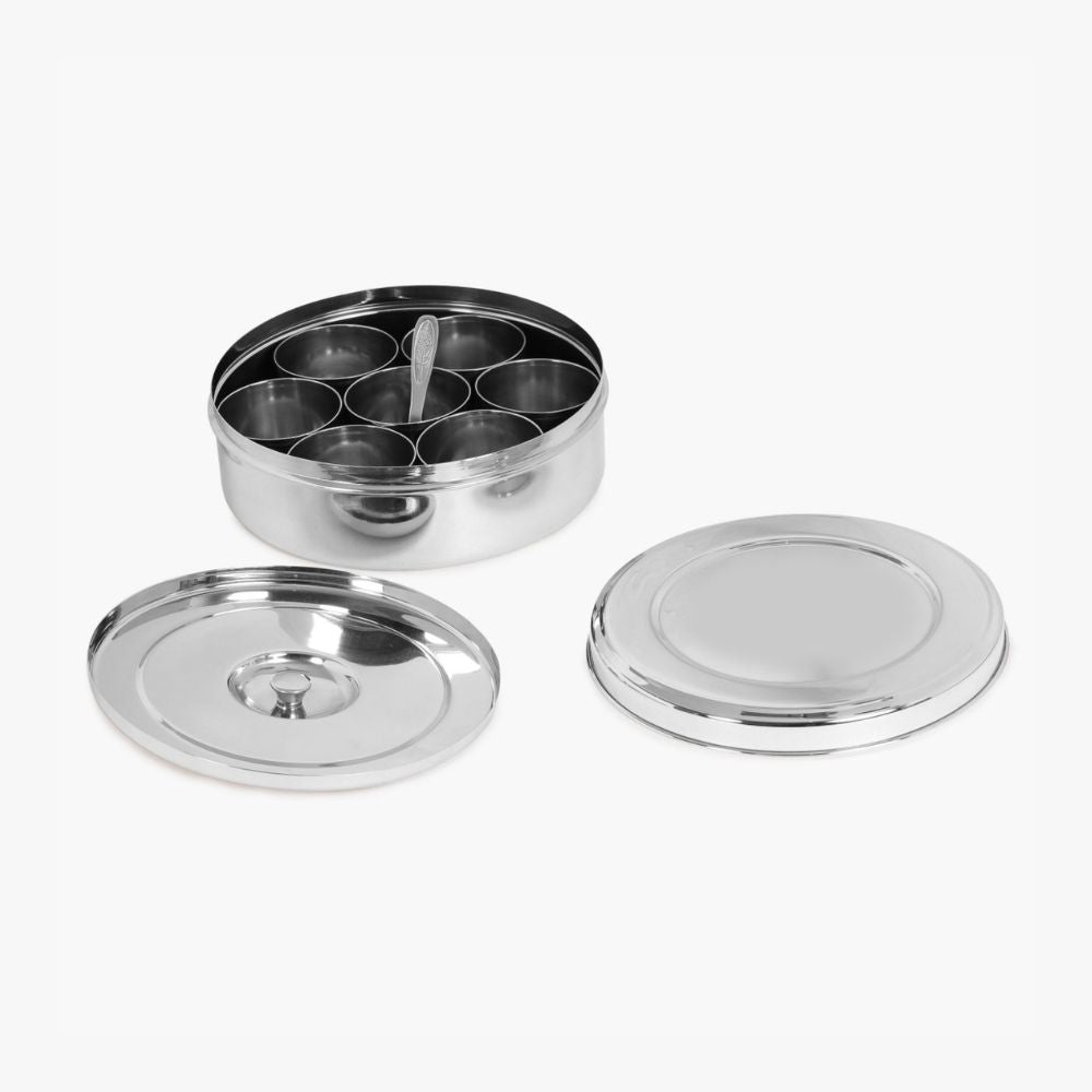 Bengani Stainless Steel Masala Dabba with Inner Plate | Silver