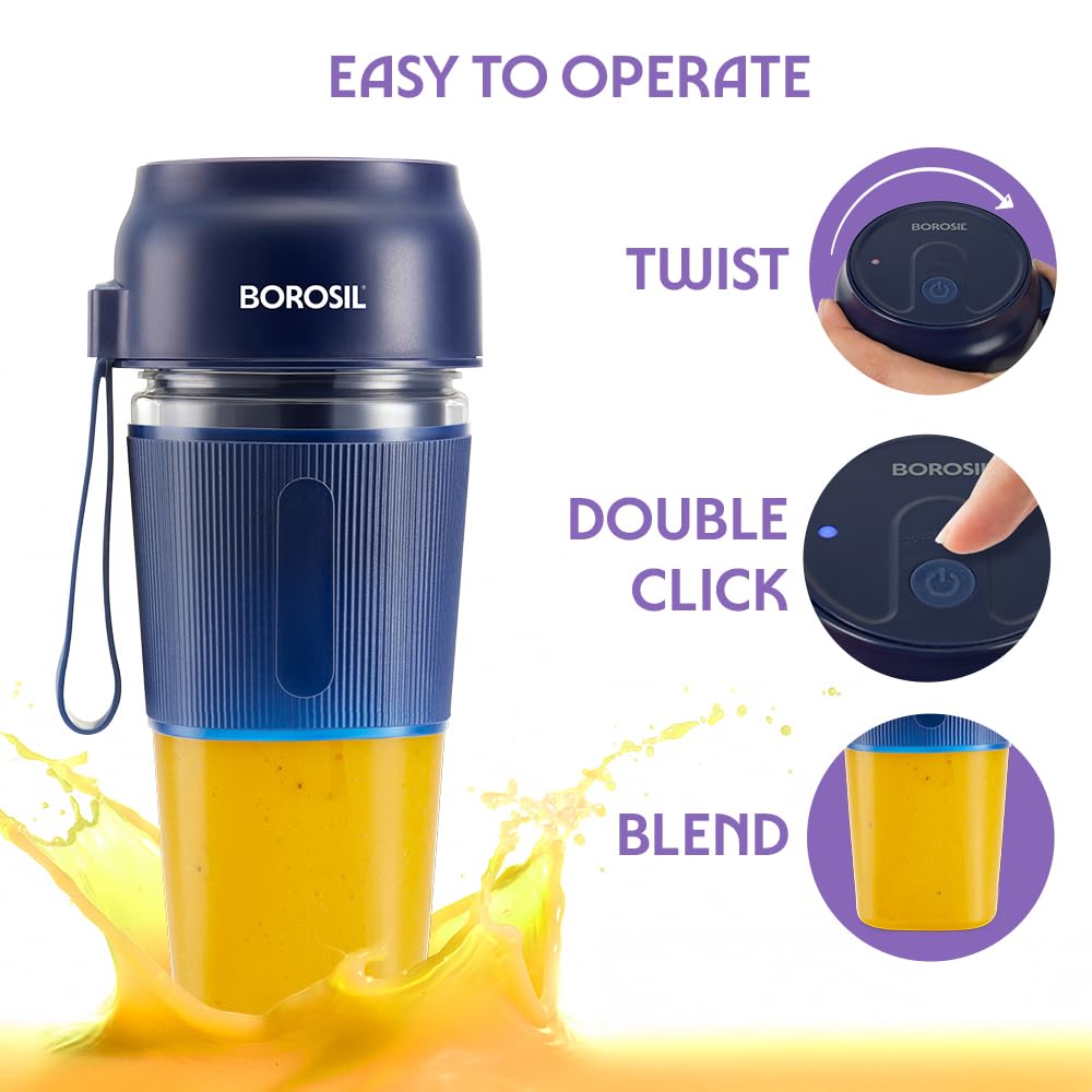 Borosil NutriGrip 40 Watts Portable Blender | Low-Noise DC Motor | Blue