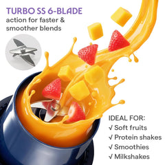 Borosil NutriGrip 40 Watts Portable Blender | Low-Noise DC Motor | Blue