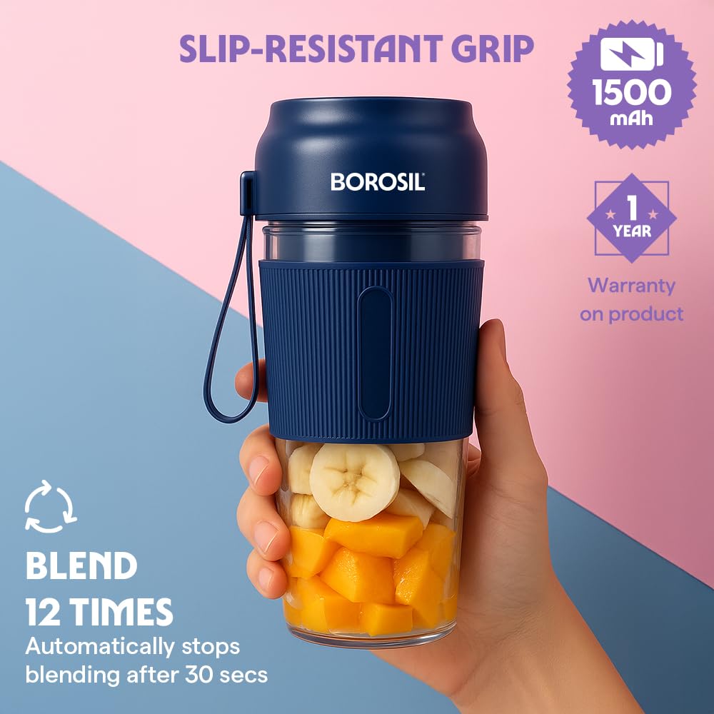 Borosil NutriGrip 40 Watts Portable Blender | Low-Noise DC Motor | Blue