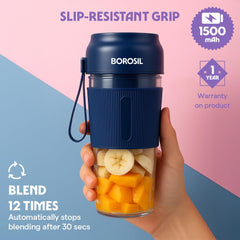 Borosil NutriGrip 40 Watts Portable Blender | Low-Noise DC Motor | Blue