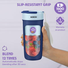 Borosil NutriSip 40 Watts Portable Blender | Low-Noise DC Motor | Blue