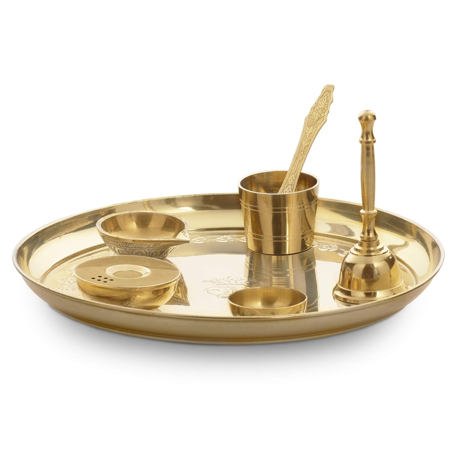 Borosil Brass Puja Thali Set | Aarti Thali for Mandir | Pooja Thali with Diya, Aggarbati Stand, Spoon, Glass, Bowl, and Bell | Decorative Puja Plate |Set of 7 Pcs