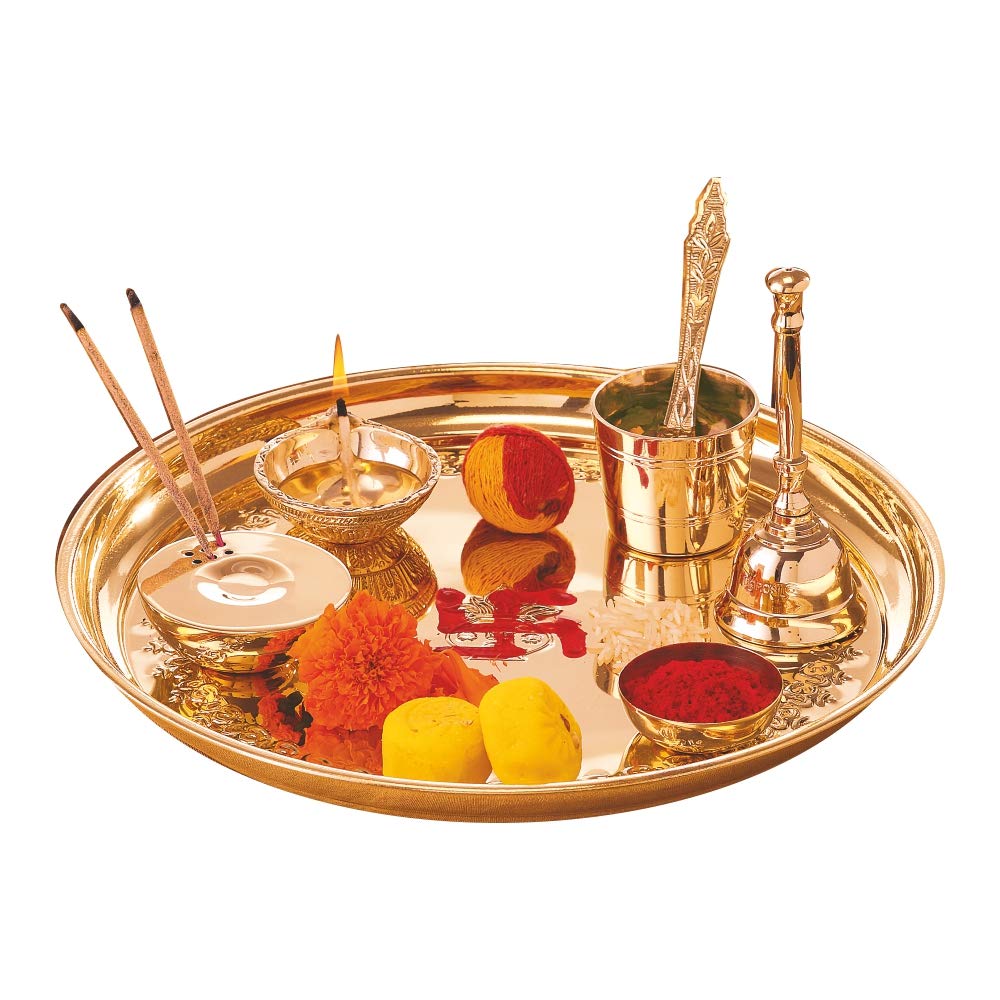 Borosil Brass Puja Thali Set | Aarti Thali for Mandir | Pooja Thali with Diya, Aggarbati Stand, Spoon, Glass, Bowl, and Bell | Decorative Puja Plate |Set of 7 Pcs
