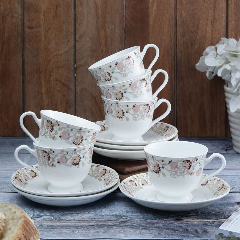 Clay Craft Ceramic New Georgian Wildflower Cup & Saucer Set | 180 ML | Set of 12 Pcs