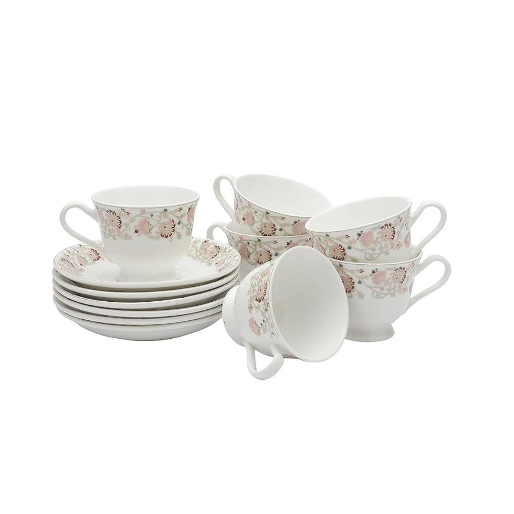 Clay Craft Ceramic New Georgian Wildflower Cup & Saucer Set | 180 ML | Set of 12 Pcs