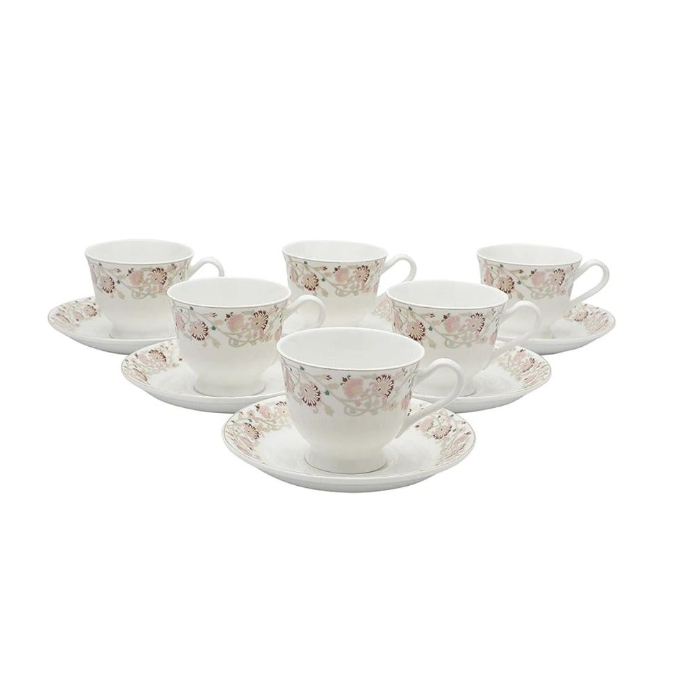 Clay Craft Ceramic New Georgian Wildflower Cup & Saucer Set | 180 ML | Set of 12 Pcs
