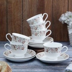 Clay Craft Ceramic New Georgian Wildflower Cup & Saucer Set | 180 ML | Set of 12 Pcs