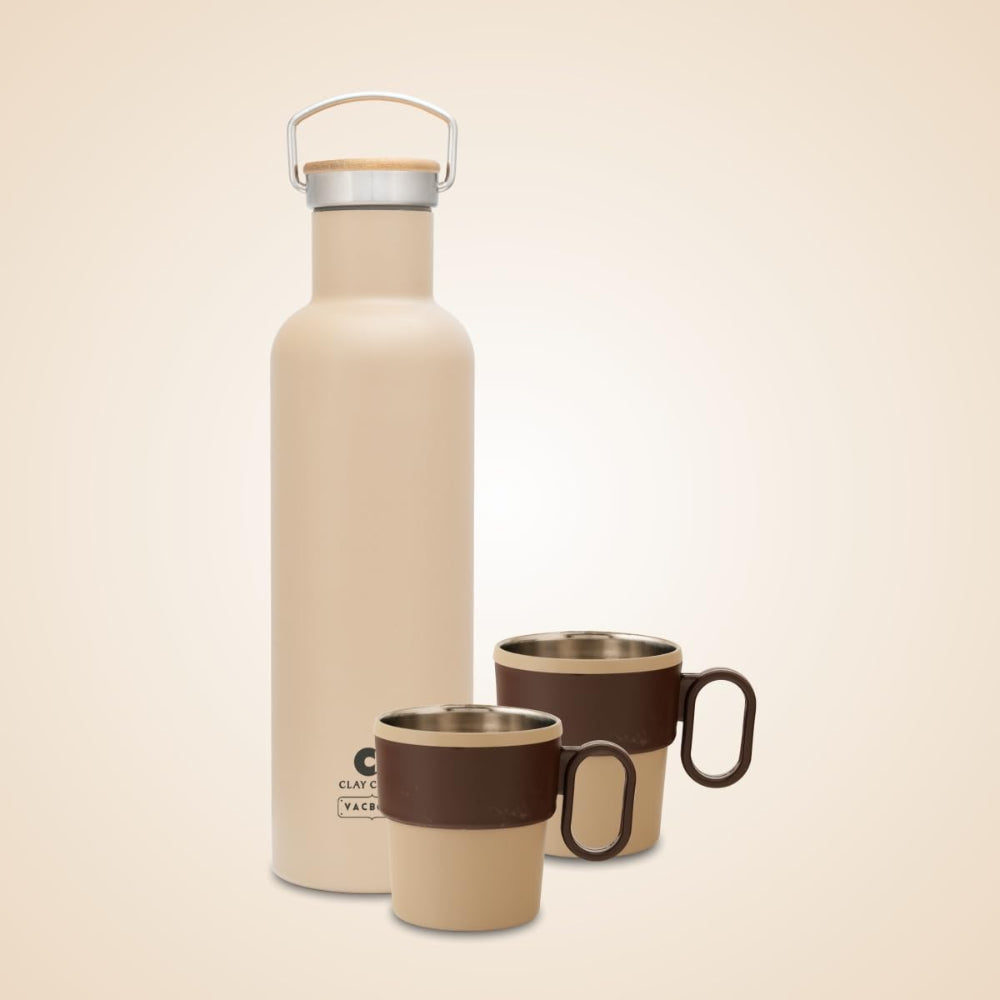 Clay Craft Vacbott Double Walled Hiker Combo Set | 700 ML Water Bottle + 2 Victor Mug | 24 Hours Hot and Cold | Beige | Set of 3 Pcs