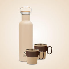 Clay Craft Vacbott Double Walled Hiker Combo Set | 700 ML Water Bottle + 2 Victor Mug | 24 Hours Hot and Cold | Beige | Set of 3 Pcs