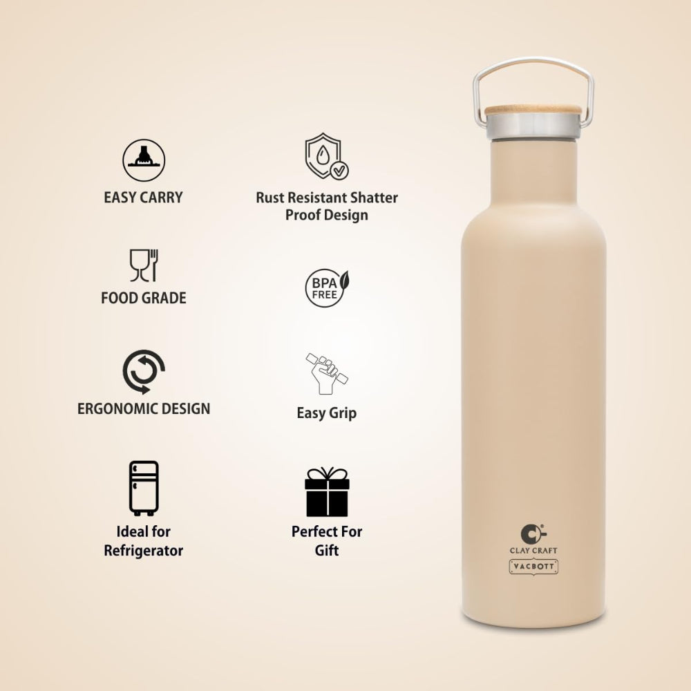 Clay Craft Vacbott Double Walled Hiker Combo Set | 700 ML Water Bottle + 2 Victor Mug | 24 Hours Hot and Cold | Beige | Set of 3 Pcs