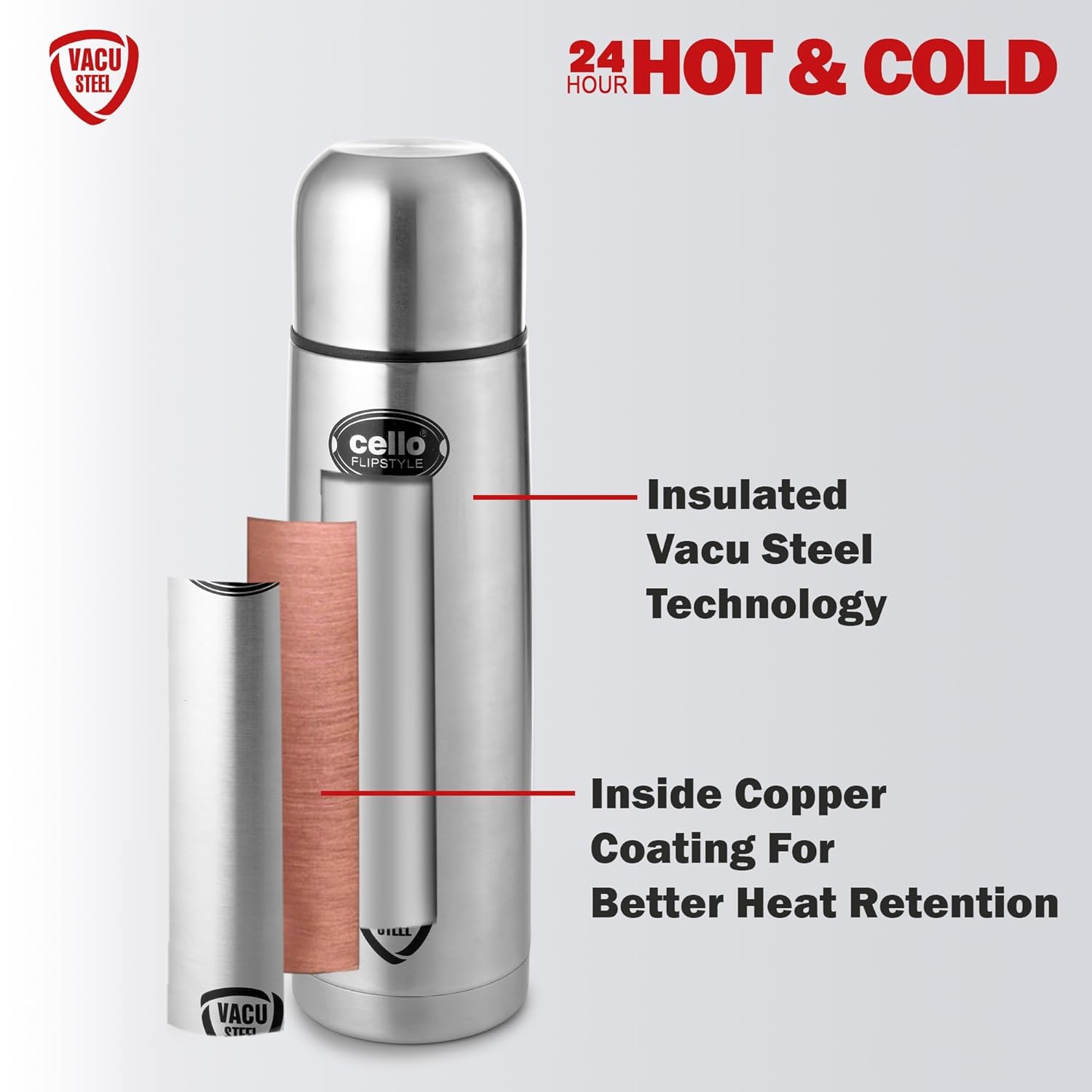 Cello Flip Style Stainless Steel Bottle with Thermal Jacket, Silver