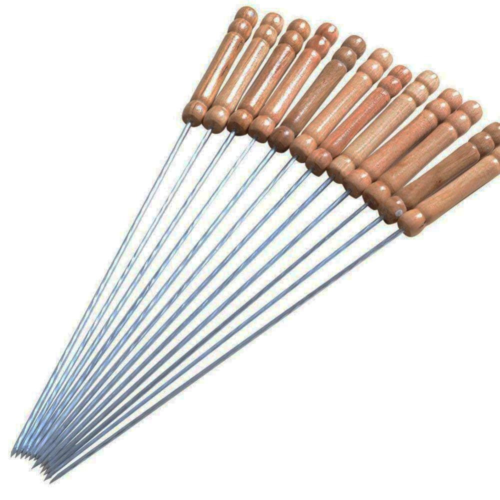 Barbecue 12 Inch Stainless Steel Skewers with Wooden Handle for BBQ Tandoor | Set of 12 Pcs
