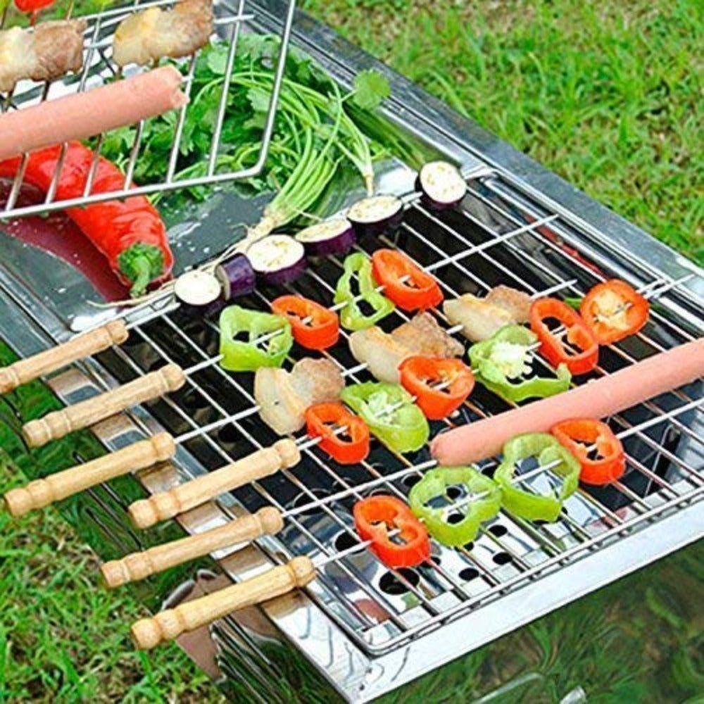 Barbecue 12 Inch Stainless Steel Skewers with Wooden Handle for BBQ Tandoor | Set of 12 Pcs