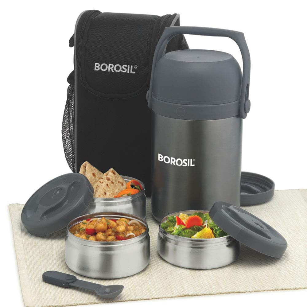 Borosil Hot n Fresh Stainless Steel Insulated Lunchbox | Grey