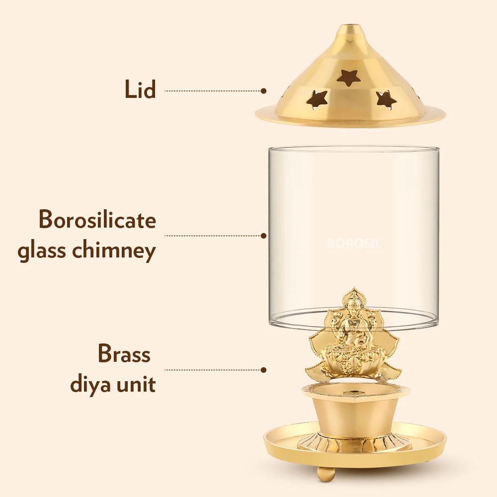 Borosil Laxmi Diya | Brass Diya with a Brass top and Borosilicate Glass Chimney | 1 Pc