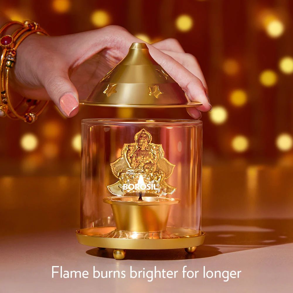 Borosil Laxmi Diya | Brass Diya with a Brass top and Borosilicate Glass Chimney | 1 Pc