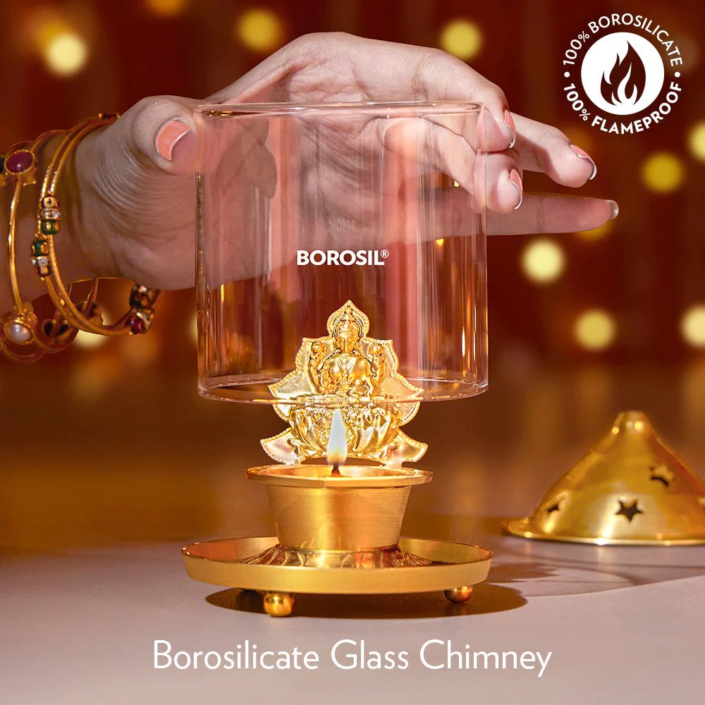 Borosil Laxmi Diya | Brass Diya with a Brass top and Borosilicate Glass Chimney | 1 Pc