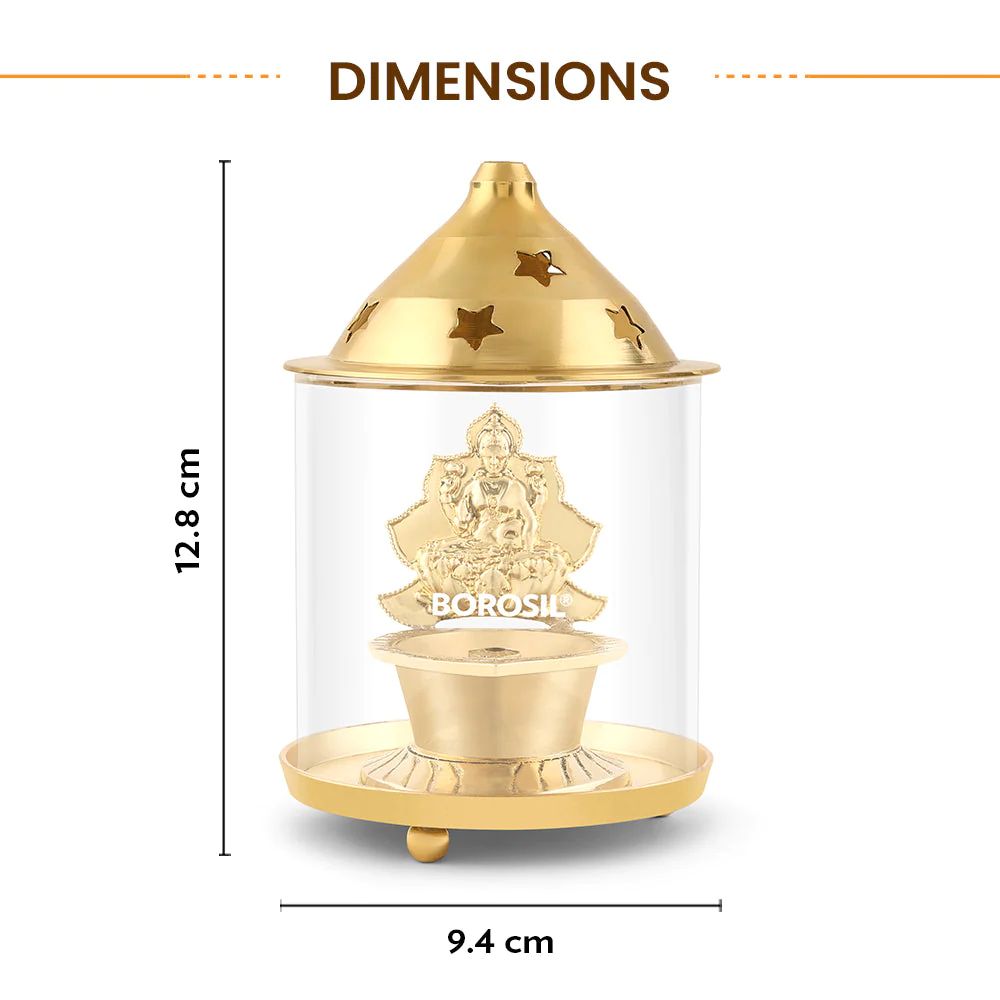Borosil Laxmi Diya | Brass Diya with a Brass top and Borosilicate Glass Chimney | 1 Pc