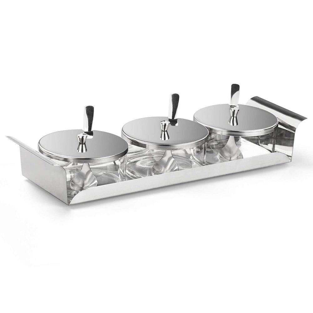Borosil Zest Condiment Tray | 3 Bowls with Lid & 3 Spoons | Silver
