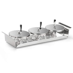Borosil Zest Condiment Tray | 3 Bowls with Lid & 3 Spoons | Silver