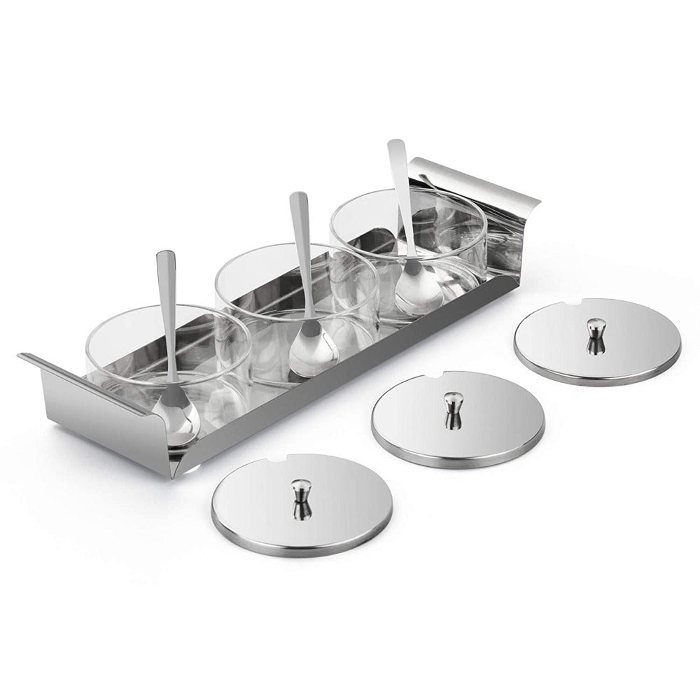 Borosil Zest Condiment Tray | 3 Bowls with Lid & 3 Spoons | Silver