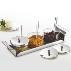 Borosil Zest Condiment Tray | 3 Bowls with Lid & 3 Spoons | Silver