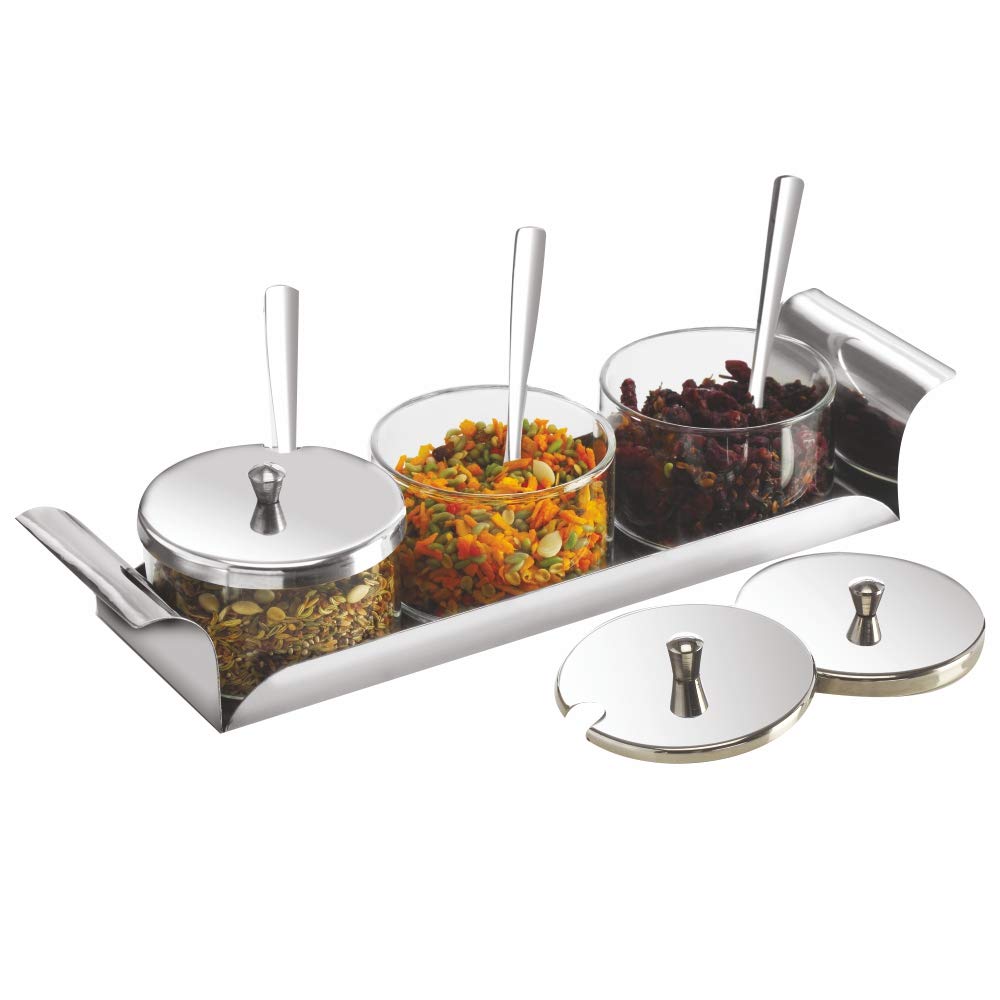 Borosil Zest Condiment Tray | 3 Bowls with Lid & 3 Spoons | Silver