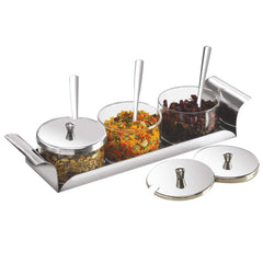 Borosil Zest Condiment Tray | 3 Bowls with Lid & 3 Spoons | Silver