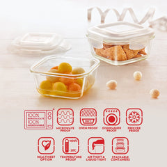 Borosil Store Fresh 320 ML Klip N Store Glass Storage Containers | Transparent | Set of 4 Pcs