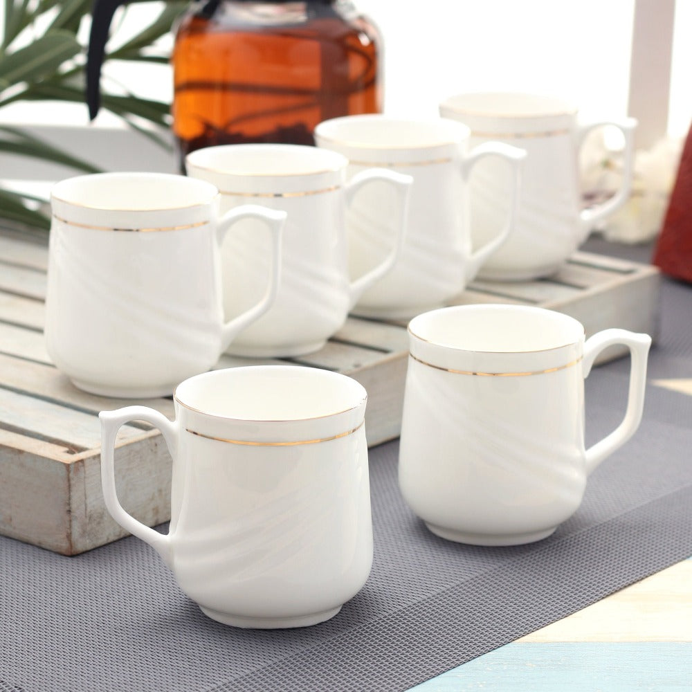 Clay Craft Ceramic New Lilly Gold Line 180 ML Coffee & Tea Mugs | White | Set of 6 Pcs
