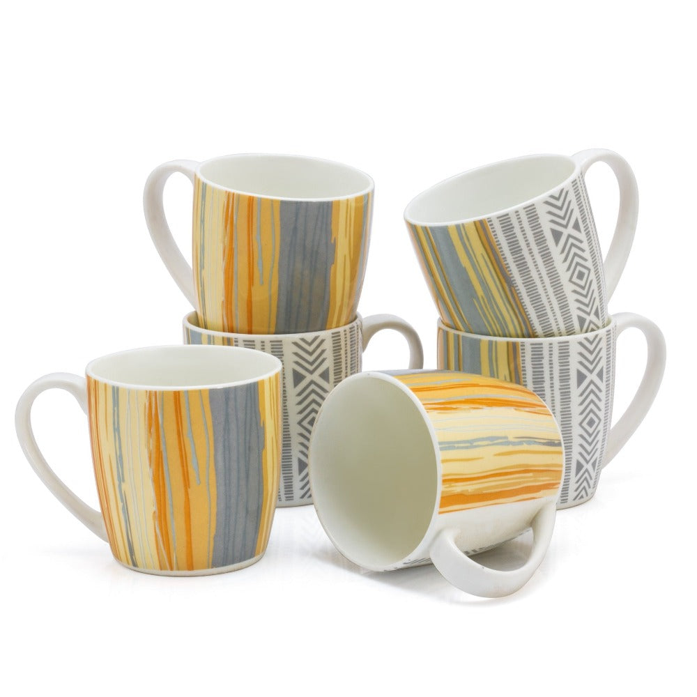 Clay Craft Ceramic Striped 180 ML Coffee & Tea Mug Set | Microwave Safe | Set of 6 Pcs