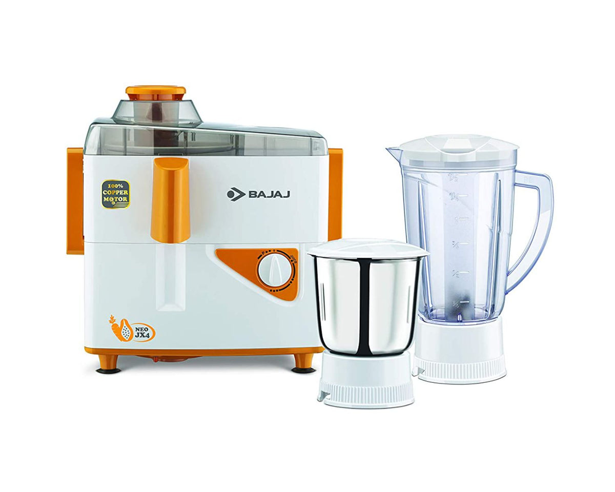 Bajaj Neo JX4 450 Watt Juicer Mixer Grinder with 2 Jars | White & Orange