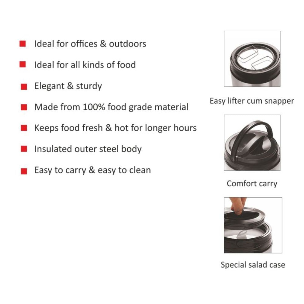 Cello Stainless Steel Insulated Hot Max Tiffin | Silver & Black