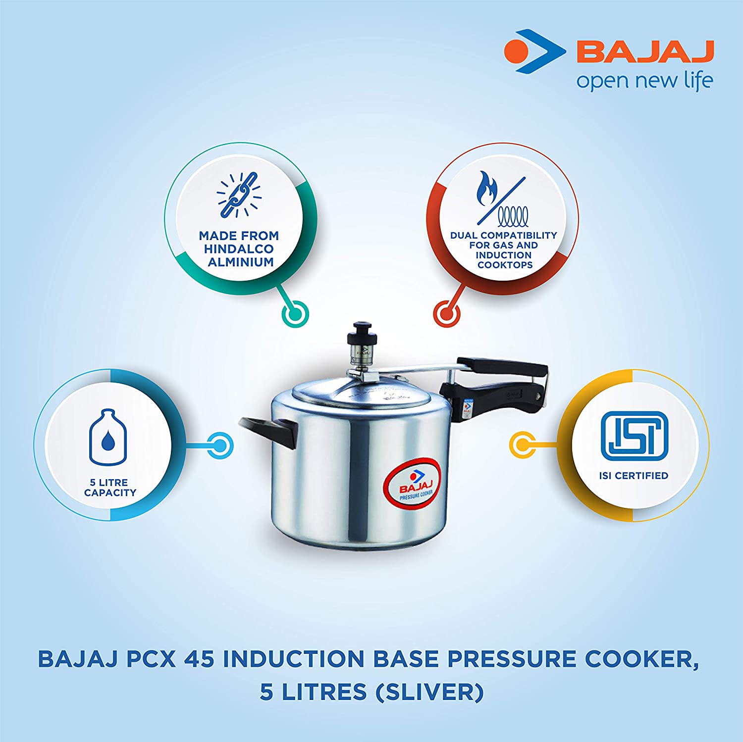 Bajaj PCX 45 Stainless Steel Inner Lid Pressure Cooker | Induction Bottom | 5 Litres | Silver
