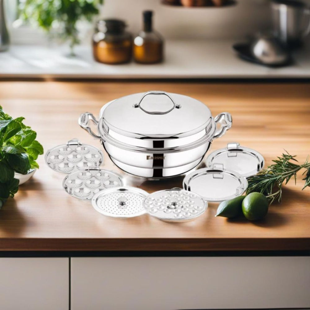 Bergner Argent Tri-Ply Multi Kadai with Lid and 6 Plates | Gas & Induction Compatible | Idli, Dhokla, Patra & Appam Plate