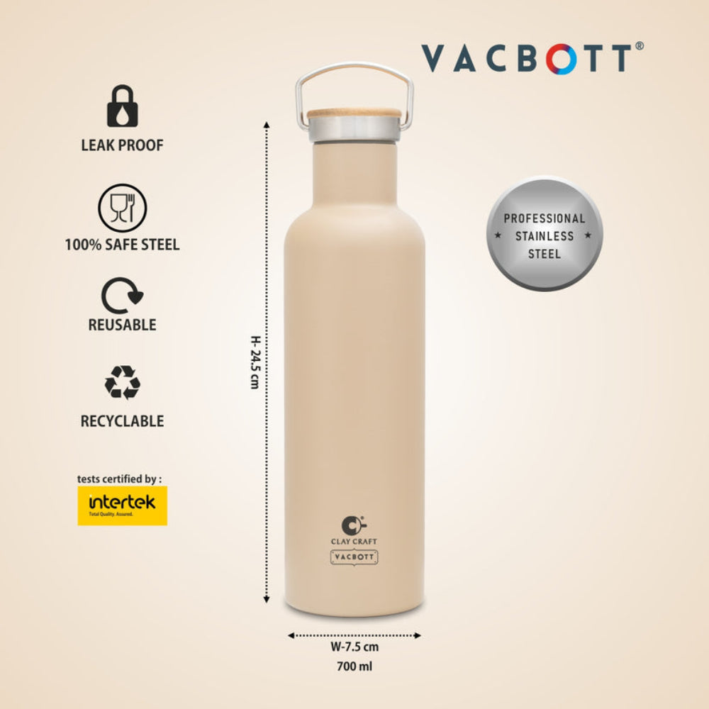 Clay Craft Vacbott Double Walled Hiker Combo Set | 700 ML Water Bottle + 2 Victor Mug | 24 Hours Hot and Cold | Beige | Set of 3 Pcs