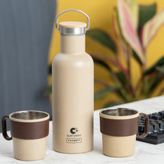 Clay Craft Vacbott Double Walled Hiker Combo Set | 700 ML Water Bottle + 2 Victor Mug | 24 Hours Hot and Cold | Beige | Set of 3 Pcs